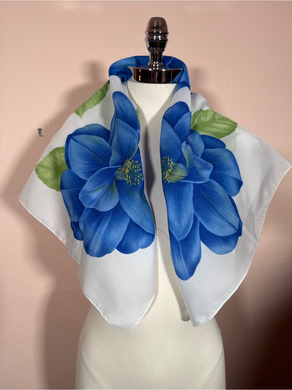 Vintage retro cottagecore blue white floral print square scarf